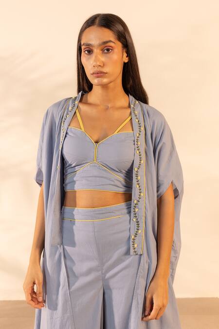 Buy_OurDve_Blue Cotton Embroidery Shawl Neck Zinnia Embrodiered Collared Shrug _Online_at_Aza_Fashions