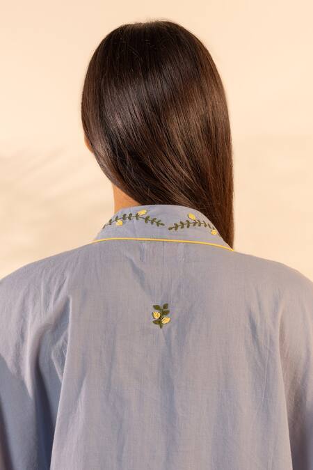 OurDve_Blue Cotton Embroidery Shawl Neck Zinnia Embrodiered Collared Shrug _at_Aza_Fashions