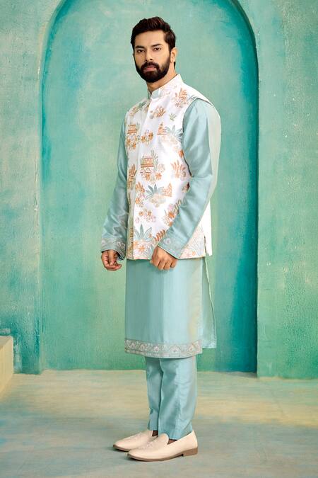 Millionaire_Off White Silk Embroidery, Metallic Thread Koti And Pyjama Set _Online_at_Aza_Fashions