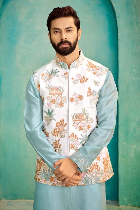 Shop_Millionaire_Off White Silk Embroidery, Metallic Thread Koti And Pyjama Set _Online_at_Aza_Fashions