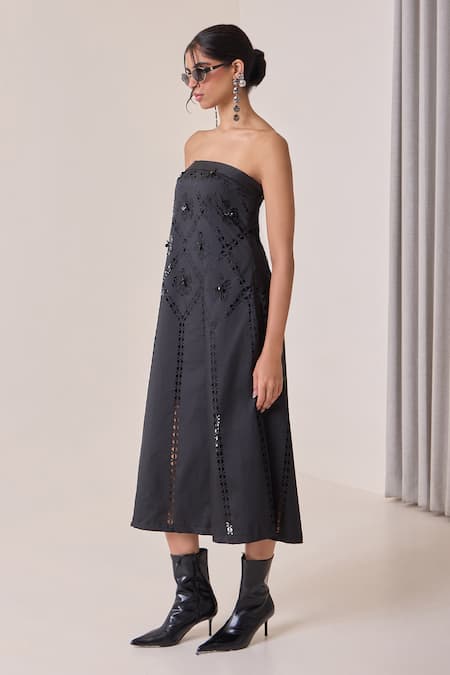 Shop_Needleten_Black Taffeta Sequins, Cut Work Bandeau Neck Geometric Strapless Midi Dress _Online_at_Aza_Fashions