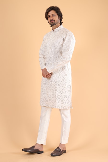Millionaire_Off White Embroidery Lucknowi Work Kurta Set _Online_at_Aza_Fashions