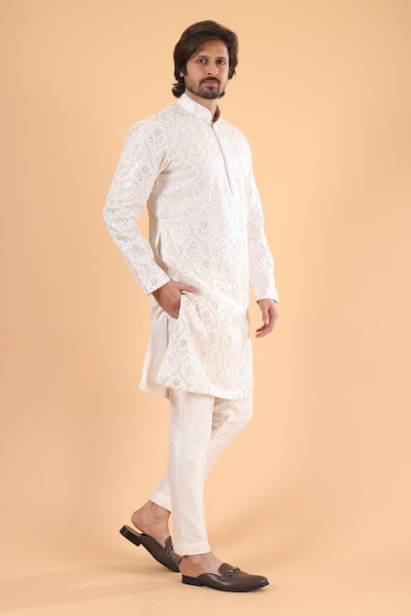 Buy_Millionaire_Off White Embroidery Lucknowi Work Kurta Set _Online_at_Aza_Fashions
