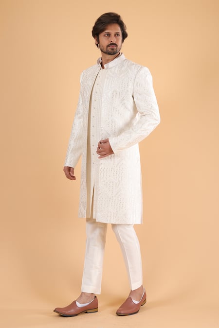 Millionaire_Off White Embroidery Lucknowi Work Bandhgala Kurta Set _Online_at_Aza_Fashions
