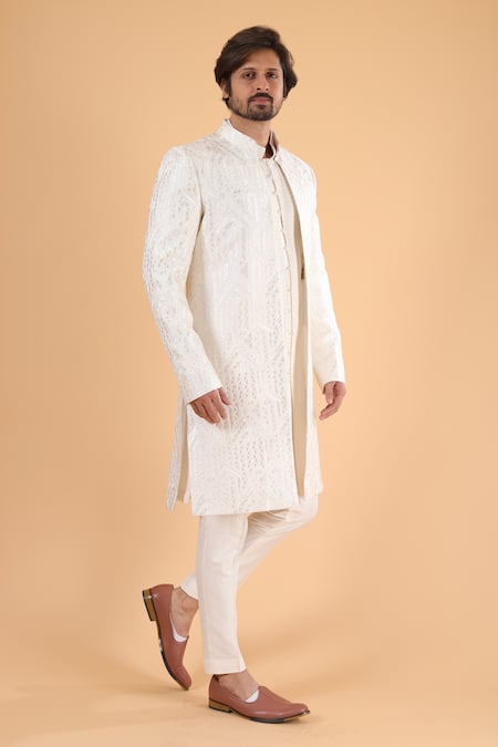 Buy_Millionaire_Off White Embroidery Lucknowi Work Bandhgala Kurta Set _Online_at_Aza_Fashions
