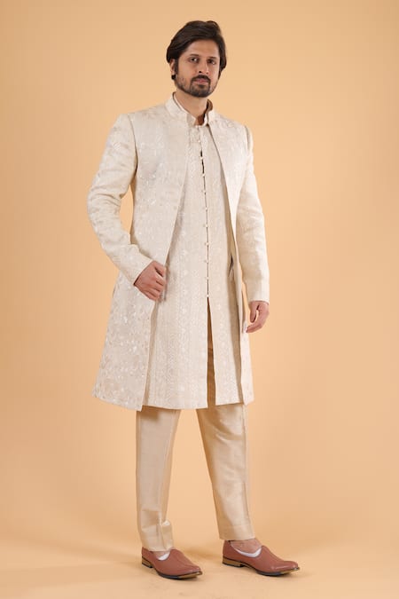 Millionaire_Off White Linen Embroidery Bandhgala Kurta Set _Online_at_Aza_Fashions