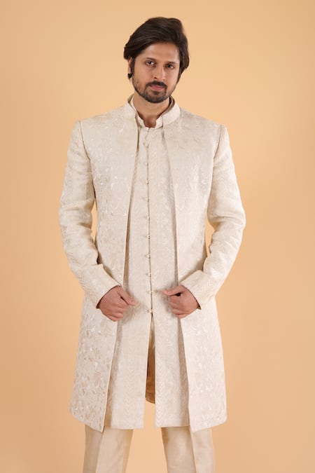 Millionaire_Off White Linen Embroidery Bandhgala Kurta Set _at_Aza_Fashions