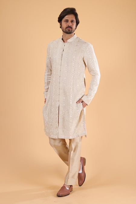 Buy_Millionaire_Off White Linen Embroidery Bandhgala Kurta Set 
