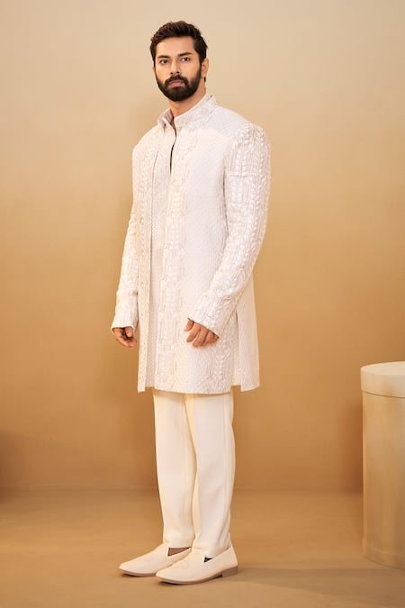 Millionaire_Off White Georgette Embroidery, Stones, Beads Bandhgala Kurta Set _Online_at_Aza_Fashions