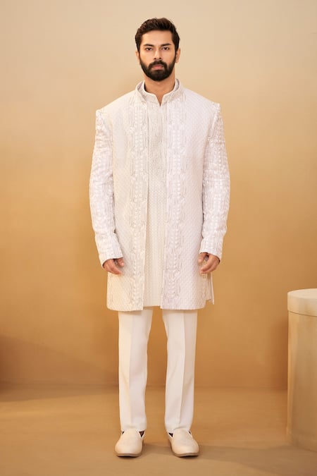 Buy_Millionaire_Off White Georgette Embroidery, Stones, Beads Bandhgala Kurta Set _Online_at_Aza_Fashions