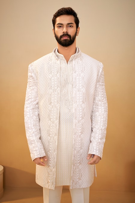 Shop_Millionaire_Off White Georgette Embroidery, Stones, Beads Bandhgala Kurta Set _Online_at_Aza_Fashions