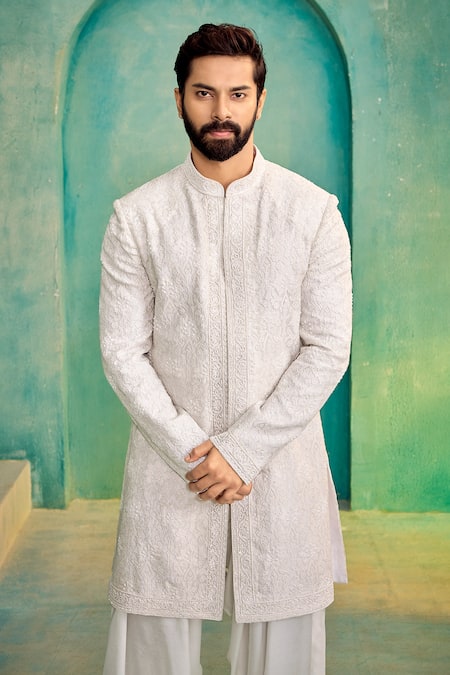 Millionaire Off White Embroidery, Patchwork Bandhgala Salwar Set Online at Aza Fashions Millionaire_Off White Embroidery, Patchwork Bandhgala Salwar Set _Online_at_Aza_Fashions