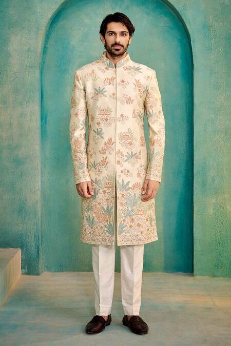 Millionaire Off White Dupion Embroidery, Metallic Thread Sherwani Set at Aza Fashions Millionaire_Off White Dupion Embroidery, Metallic Thread Sherwani Set _at_Aza_Fashions