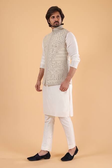 Buy_Millionaire_Off White Linen, Dupion Embroidery Koti And Pyjama Set _Online_at_Aza_Fashions