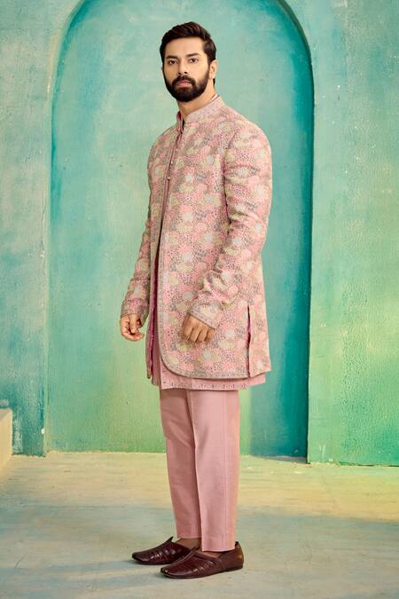 Millionaire Pink Chanderi Silk Embroidery Bandhgala Kurta Set Online at Aza Fashions Millionaire_Pink Chanderi Silk Embroidery Bandhgala Kurta Set _Online_at_Aza_Fashions