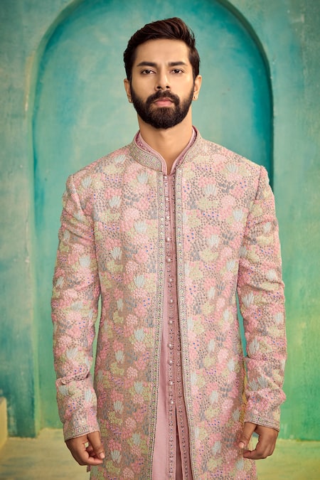 Shop Millionaire Pink Chanderi Silk Embroidery Bandhgala Kurta Set Online at Aza Fashions Shop_Millionaire_Pink Chanderi Silk Embroidery Bandhgala Kurta Set _Online_at_Aza_Fashions