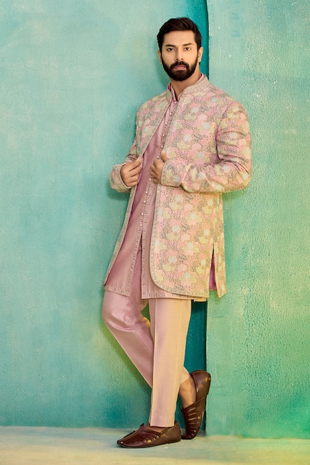 Millionaire Pink Chanderi Silk Embroidery Bandhgala Kurta Set at Aza Fashions Millionaire_Pink Chanderi Silk Embroidery Bandhgala Kurta Set _at_Aza_Fashions