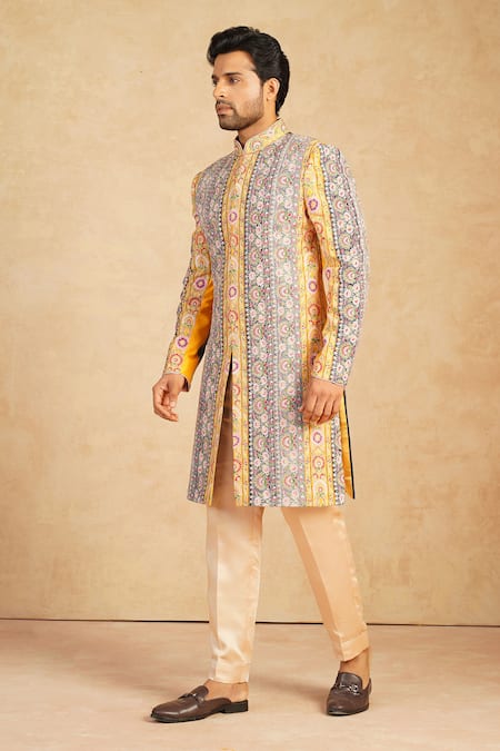 Millionaire_Yellow Silk Embroidery Patchwork Sherwani Set _Online_at_Aza_Fashions