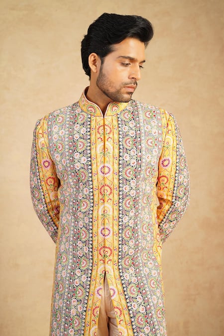Buy_Millionaire_Yellow Silk Embroidery Patchwork Sherwani Set _Online_at_Aza_Fashions