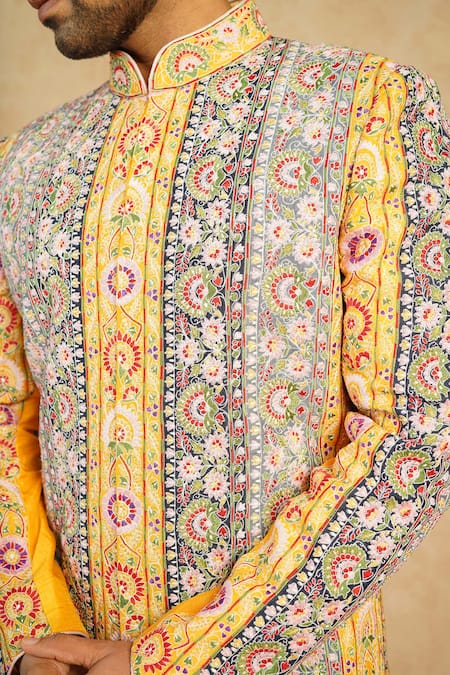 Shop_Millionaire_Yellow Silk Embroidery Patchwork Sherwani Set _Online_at_Aza_Fashions
