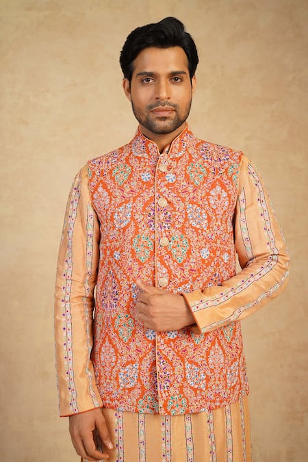Millionaire_Orange Silk Embroidery Koti And Pyjama Set _Online_at_Aza_Fashions