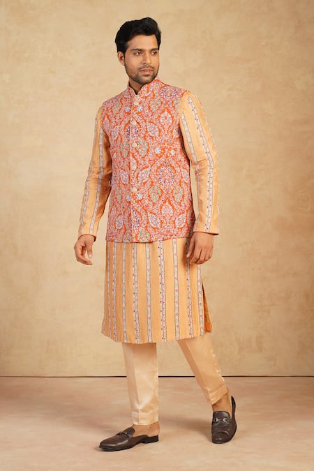 Buy_Millionaire_Orange Silk Embroidery Koti And Pyjama Set _Online_at_Aza_Fashions