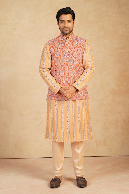 Shop_Millionaire_Orange Silk Embroidery Koti And Pyjama Set _Online_at_Aza_Fashions