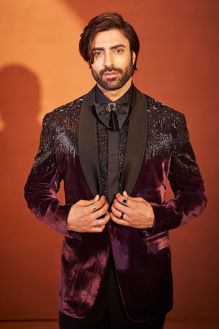 Shop Millionaire Maroon Velvet Beads, Stones Suit And Trouser Set Online at Aza Fashions Shop_Millionaire_Maroon Velvet Beads, Stones Suit And Trouser Set _Online_at_Aza_Fashions