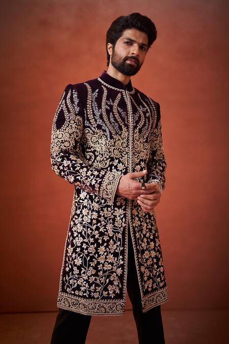 Millionaire_Maroon Velvet Embroidery, Pearls, Metallic Thread Sherwani Set _Online_at_Aza_Fashions