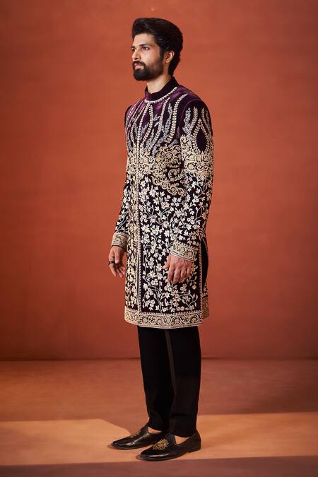 Buy_Millionaire_Maroon Velvet Embroidery, Pearls, Metallic Thread Sherwani Set _Online_at_Aza_Fashions