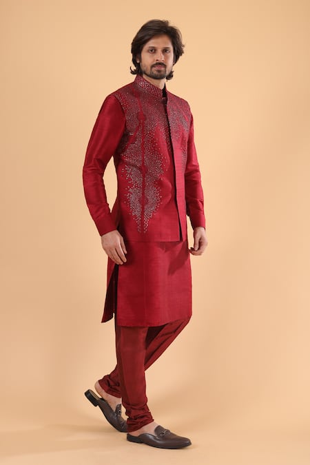 Millionaire_Maroon Silk Embroidery Koti And Pyjama Set _Online_at_Aza_Fashions