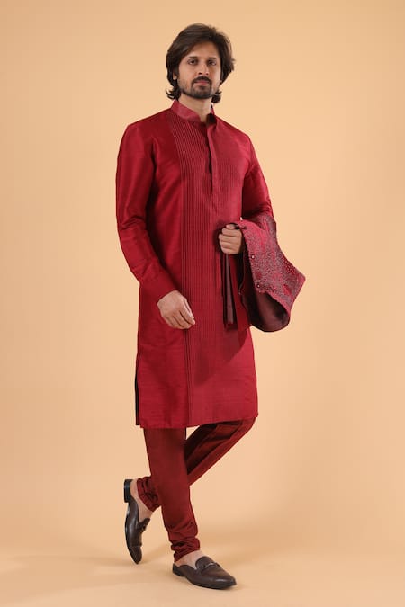 Buy_Millionaire_Maroon Silk Embroidery Koti And Pyjama Set _Online_at_Aza_Fashions