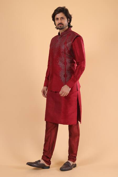 Shop_Millionaire_Maroon Silk Embroidery Koti And Pyjama Set _Online_at_Aza_Fashions