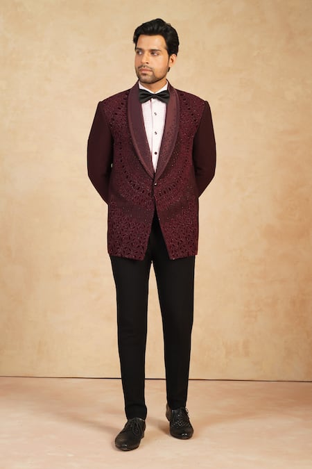 Millionaire Maroon Viscose, Polyester Applique Embroidered Suit Trouser Set Online at Aza Fashions Millionaire_Maroon Viscose, Polyester Applique Embroidered Suit Trouser Set _Online_at_Aza_Fashions