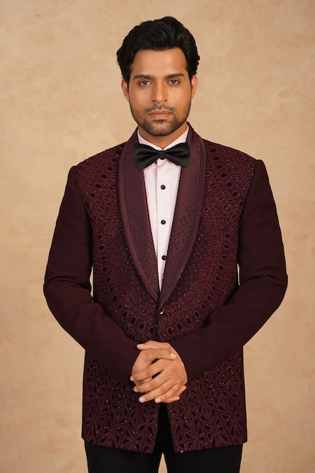 Shop Millionaire Maroon Viscose, Polyester Applique Embroidered Suit Trouser Set Online at Aza Fashions Shop_Millionaire_Maroon Viscose, Polyester Applique Embroidered Suit Trouser Set _Online_at_Aza_Fashions