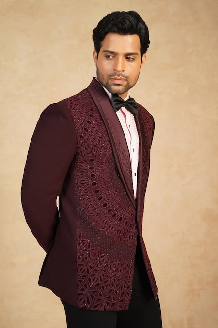 Millionaire Maroon Viscose, Polyester Applique Embroidered Suit Trouser Set at Aza Fashions Millionaire_Maroon Viscose, Polyester Applique Embroidered Suit Trouser Set _at_Aza_Fashions