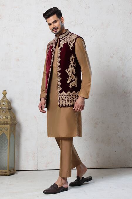 Buy Millionaire Brown Velvet Zari, Metallic Thread, Embroidery Koti And Pyjama Set Online at Aza Fashions Buy_Millionaire_Brown Velvet Zari, Metallic Thread, Embroidery Koti And Pyjama Set _Online_at_Aza_Fashions