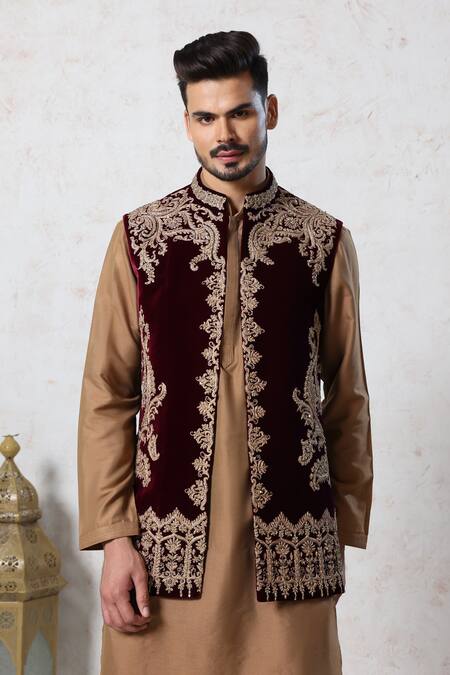 Shop Millionaire Brown Velvet Zari, Metallic Thread, Embroidery Koti And Pyjama Set Online at Aza Fashions Shop_Millionaire_Brown Velvet Zari, Metallic Thread, Embroidery Koti And Pyjama Set _Online_at_Aza_Fashions