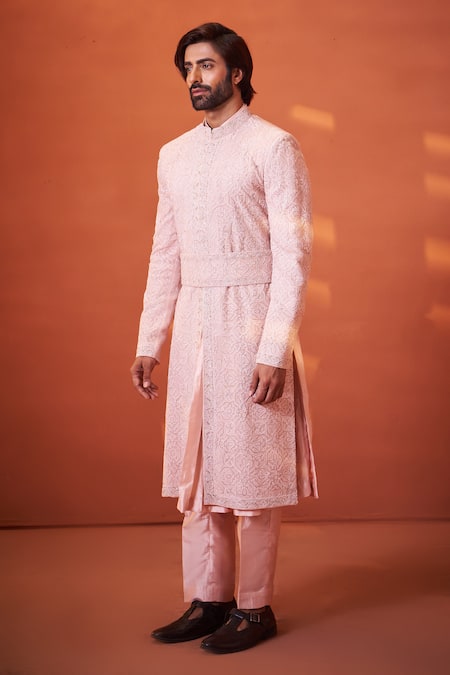 Buy_Millionaire_Pink Organza, Tissue, Georgette, Silk Embroidery, Zari, Sherwani Pyjama Set _Online_at_Aza_Fashions
