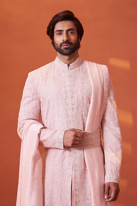 Millionaire_Pink Organza, Tissue, Georgette, Silk Embroidery, Zari, Sherwani Pyjama Set _at_Aza_Fashions