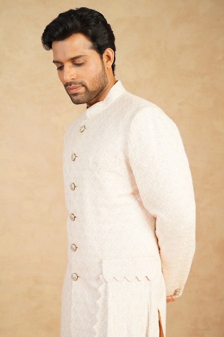 Buy_Millionaire_Pink Embroidery Lucknowi Work Sherwani Pyjama Set _Online_at_Aza_Fashions
