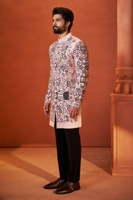 Millionaire_Peach Silk Stones, Embroidery Oxidized Sherwani Set _Online_at_Aza_Fashions