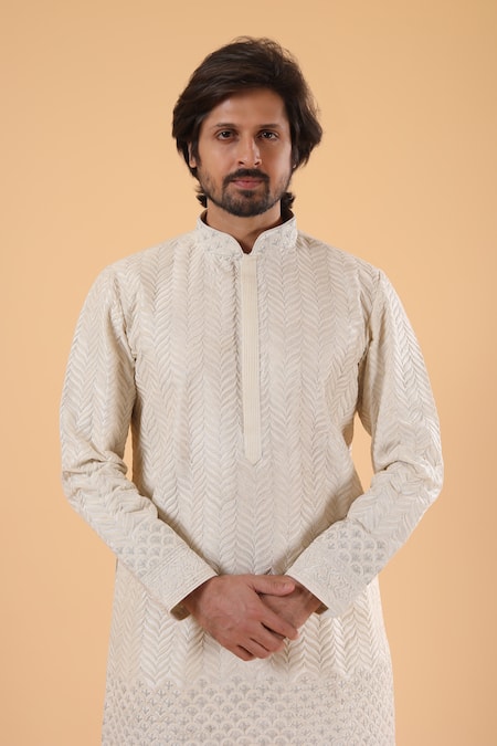 Shop_Millionaire_Cream Silk Embroidery, Beads Thread Sherwani Set _Online_at_Aza_Fashions
