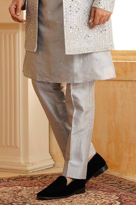 Millionaire_Grey Silk Mirrors, Cut Work Embroidered Sherwani Kurta Set _Online_at_Aza_Fashions