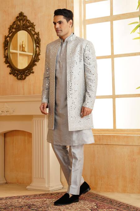Buy_Millionaire_Grey Silk Mirrors, Cut Work Embroidered Sherwani Kurta Set _Online_at_Aza_Fashions