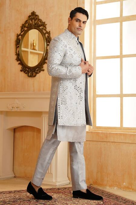 Shop_Millionaire_Grey Silk Mirrors, Cut Work Embroidered Sherwani Kurta Set _Online_at_Aza_Fashions