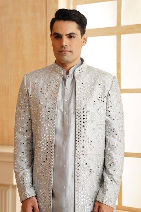 Millionaire_Grey Silk Mirrors, Cut Work Embroidered Sherwani Kurta Set _at_Aza_Fashions
