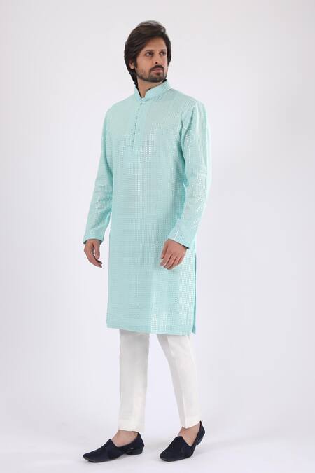 Millionaire_Green Sequins Lucknowi Work Kurta Set _Online_at_Aza_Fashions