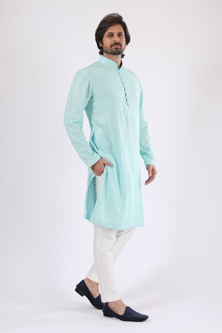 Millionaire_Green Sequins Lucknowi Work Kurta Set _at_Aza_Fashions
