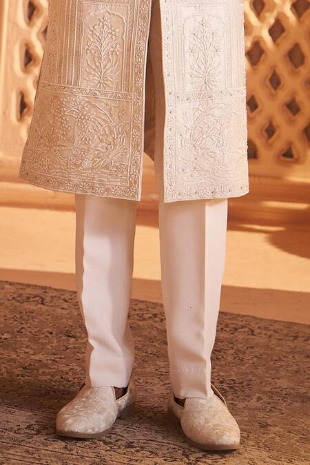 Millionaire_Cream Silk Zari, Pearls, Embroidery Floral Pattern Sherwani Set _Online_at_Aza_Fashions